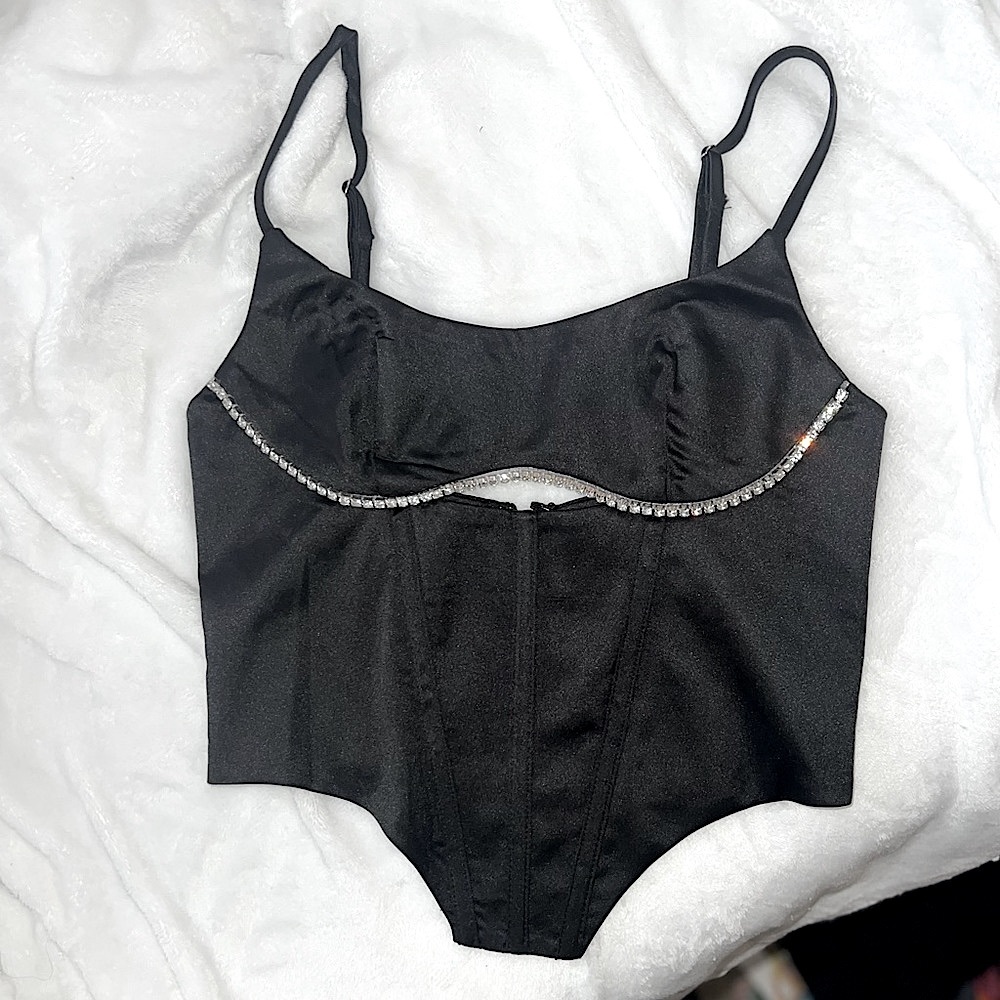 NWT New Rules Black Satin Diamanté Crop Top Bustier